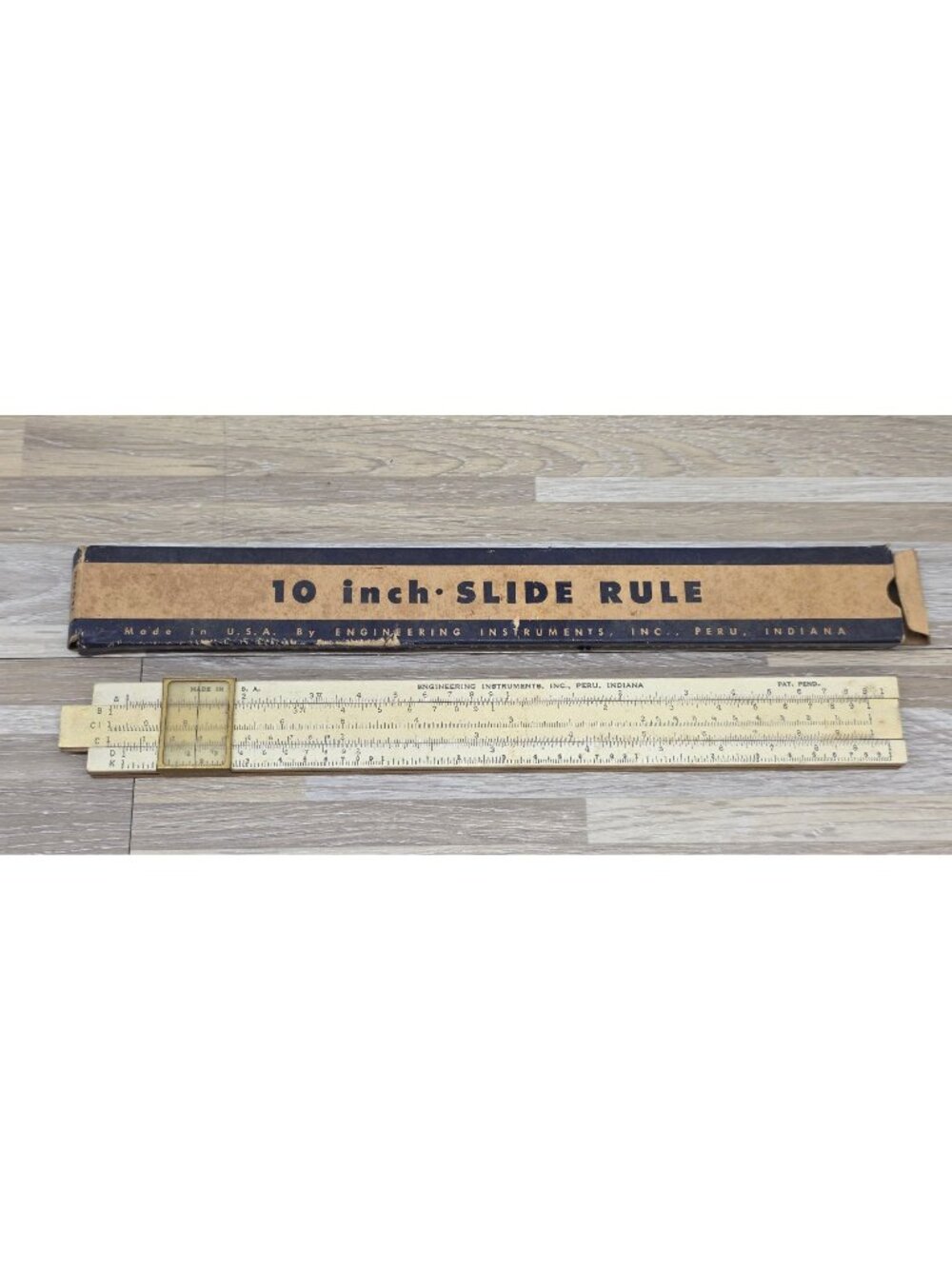 Vintage 10-in Wooden Slide Rule w Box Peru, IN by Engineering Instruments Model